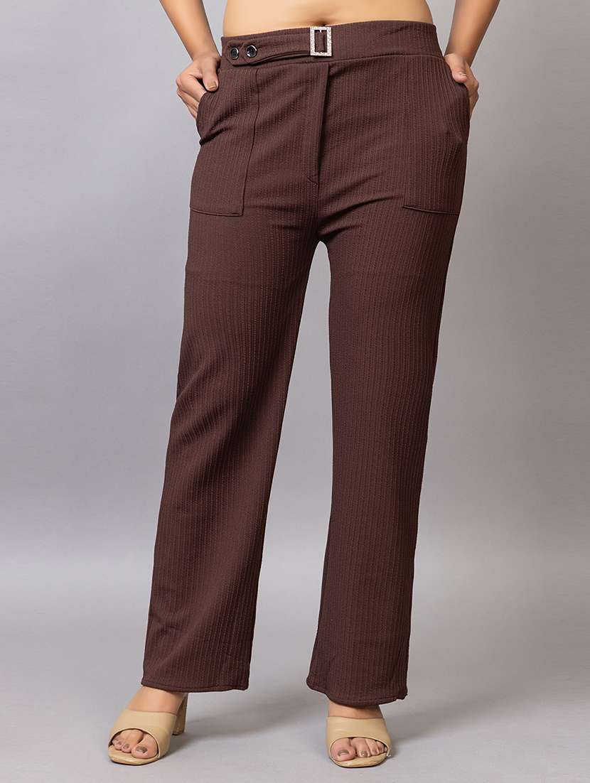 women solid mid rise straight trouser