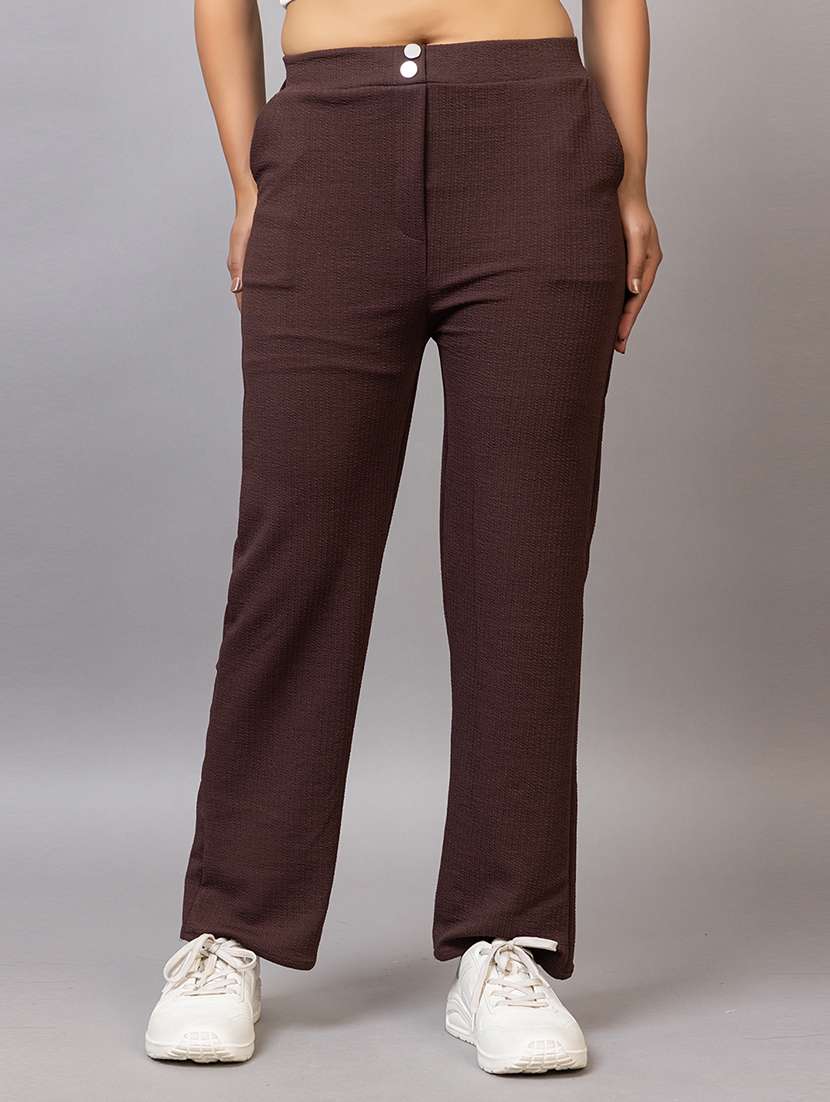 women solid mid rise straight trouser