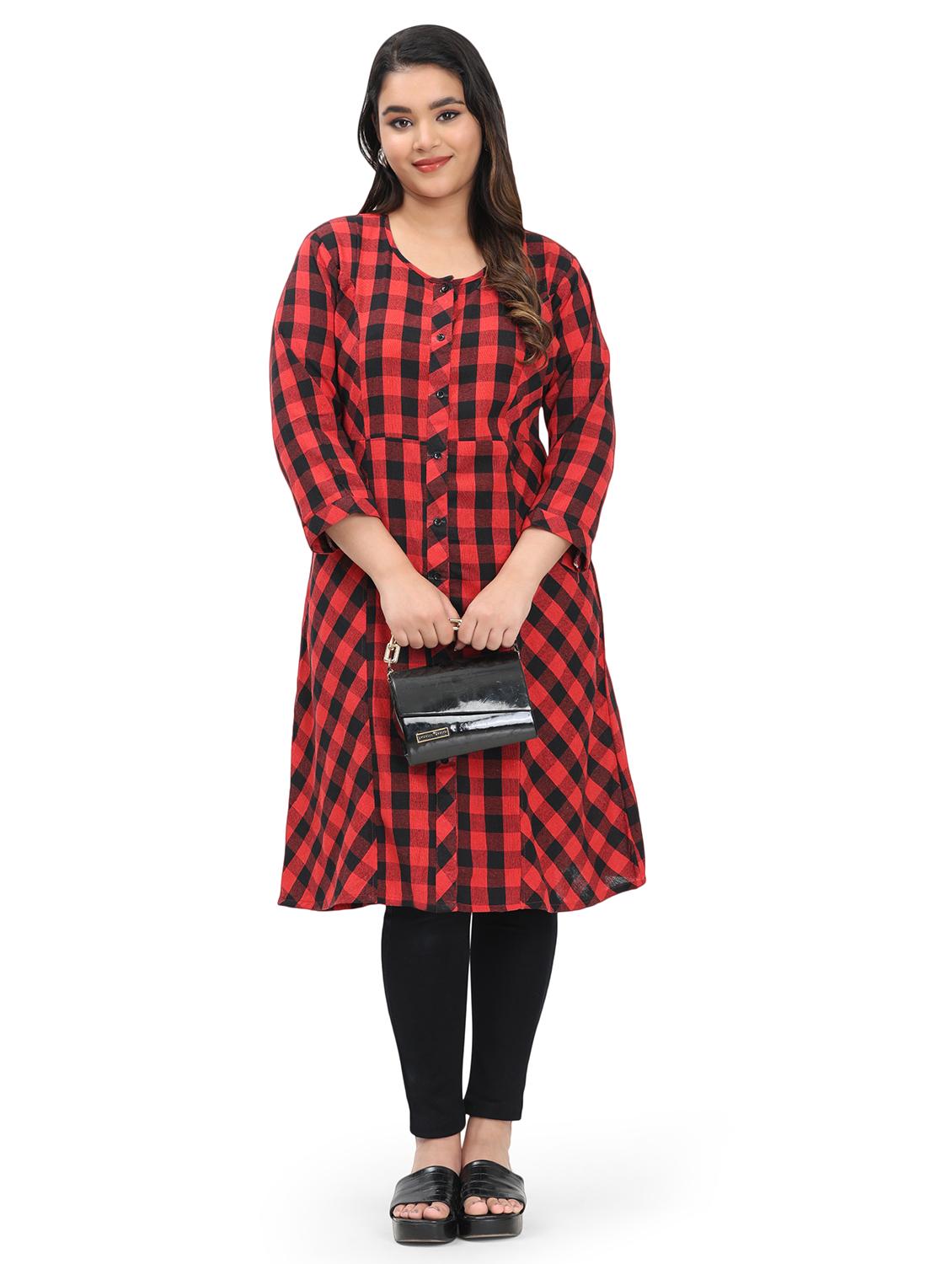 women checkered three quarter sleeve a-line kurta - 21869879 -  Zoom Image - 0
