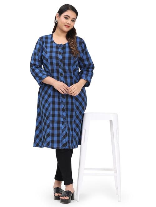 women checkered three quarter sleeve a-line kurta - 21869881 -  Standard Image - 0