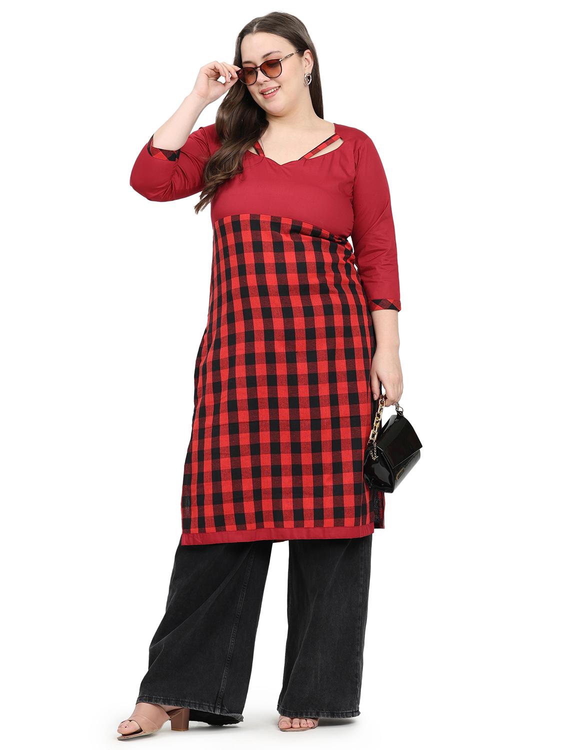 women checkered three quarter sleeve plus size straight kurta - 21869884 - Zoom Image - 0