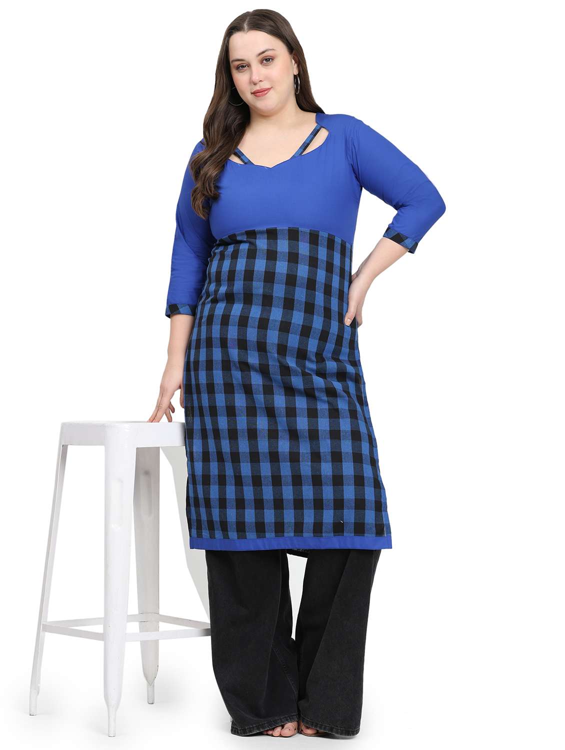 women checkered three quarter sleeve plus size straight kurta