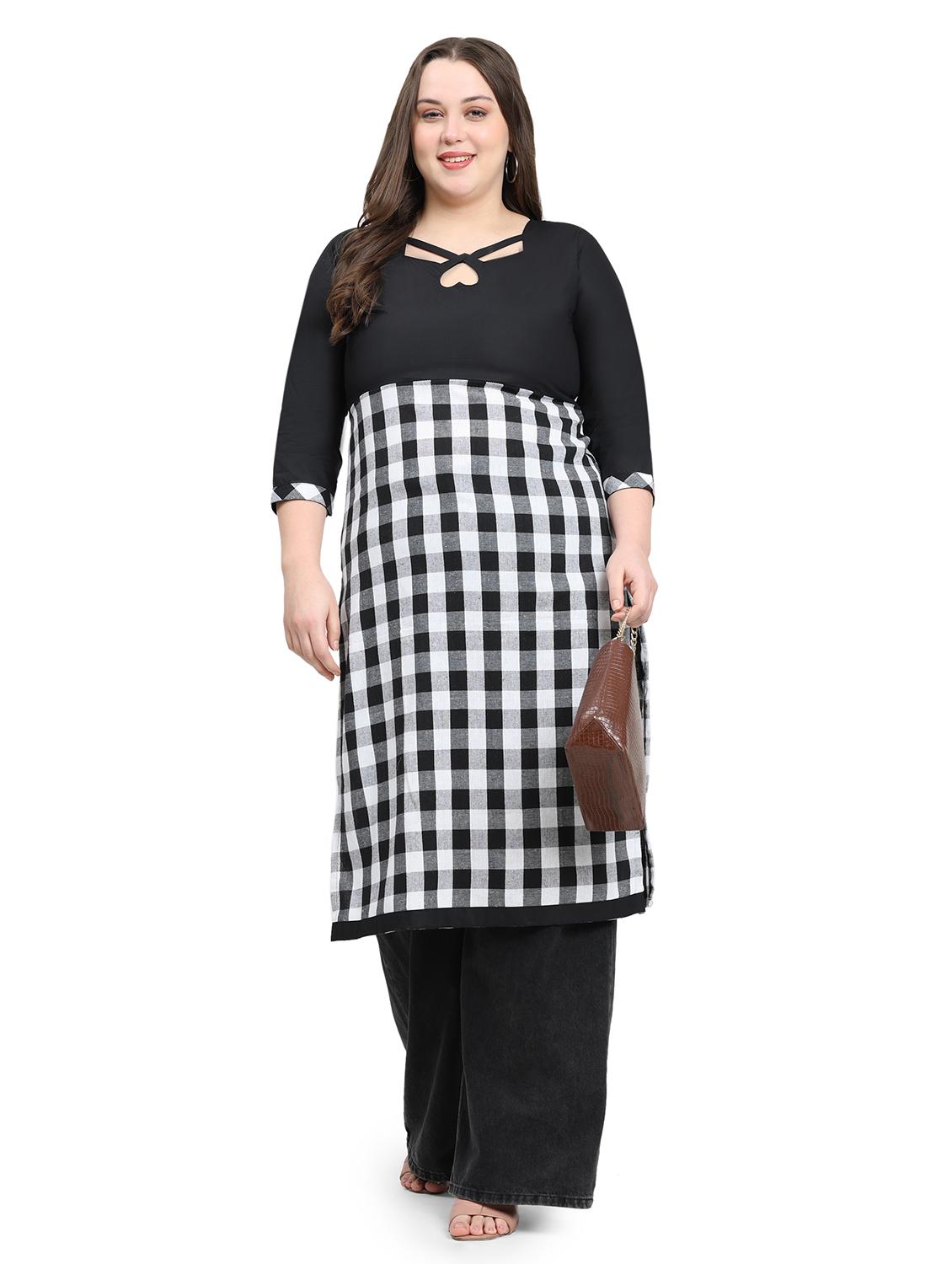 women checkered three quarter sleeve plus size straight kurta - 21869889 - Zoom Image - 0