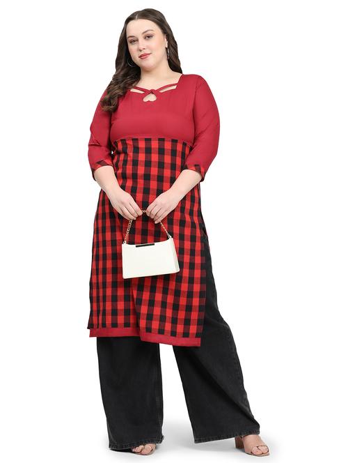 women checkered three quarter sleeve plus size straight kurta - 21869891 - Standard Image - 0