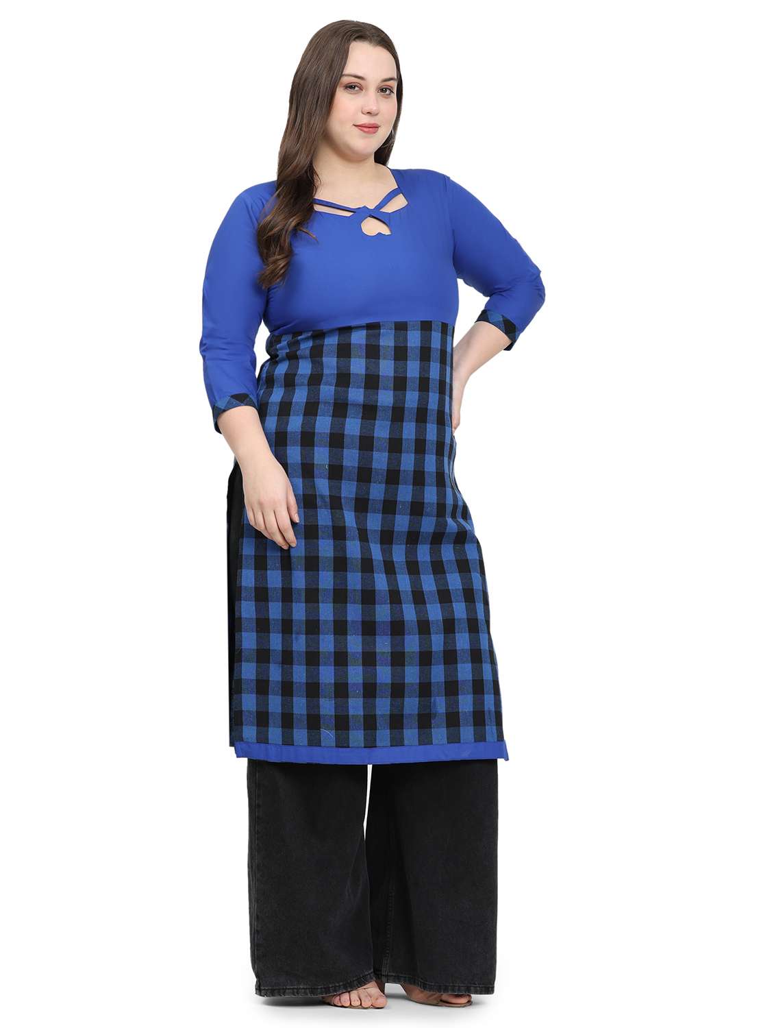 women checkered three quarter sleeve plus size straight kurta - 21869892 -  Standard Image - 1