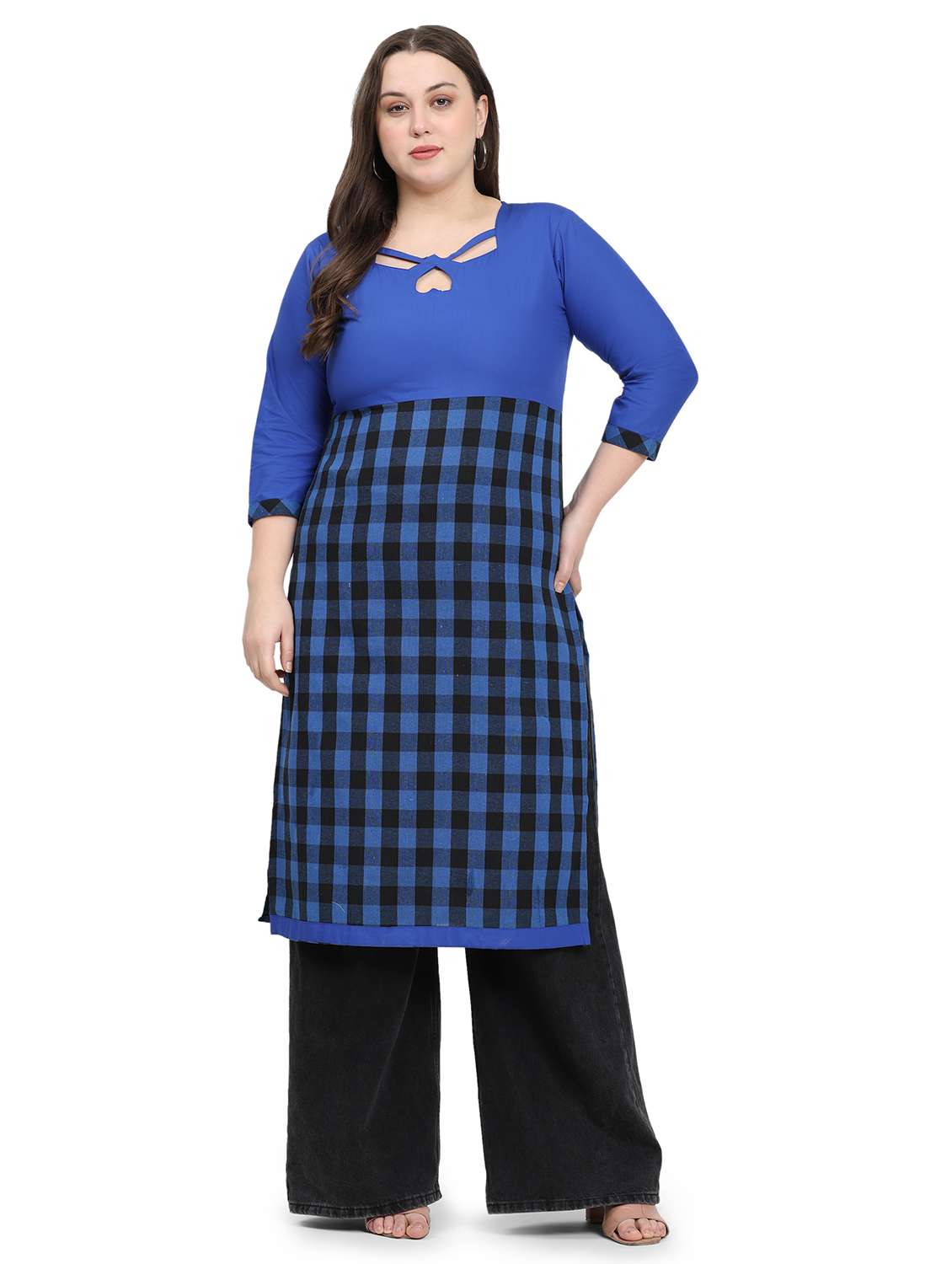women checkered three quarter sleeve plus size straight kurta - 21869892 - Standard Image - 4