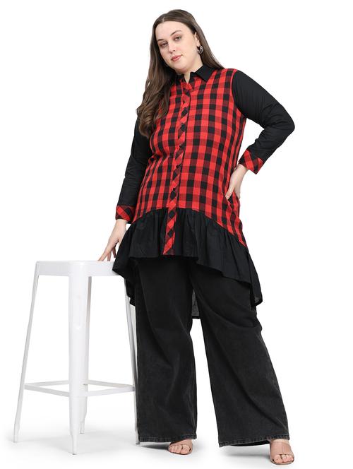 women checkered three quarter sleeve plus size kurta - 21869893 - Standard Image - 0