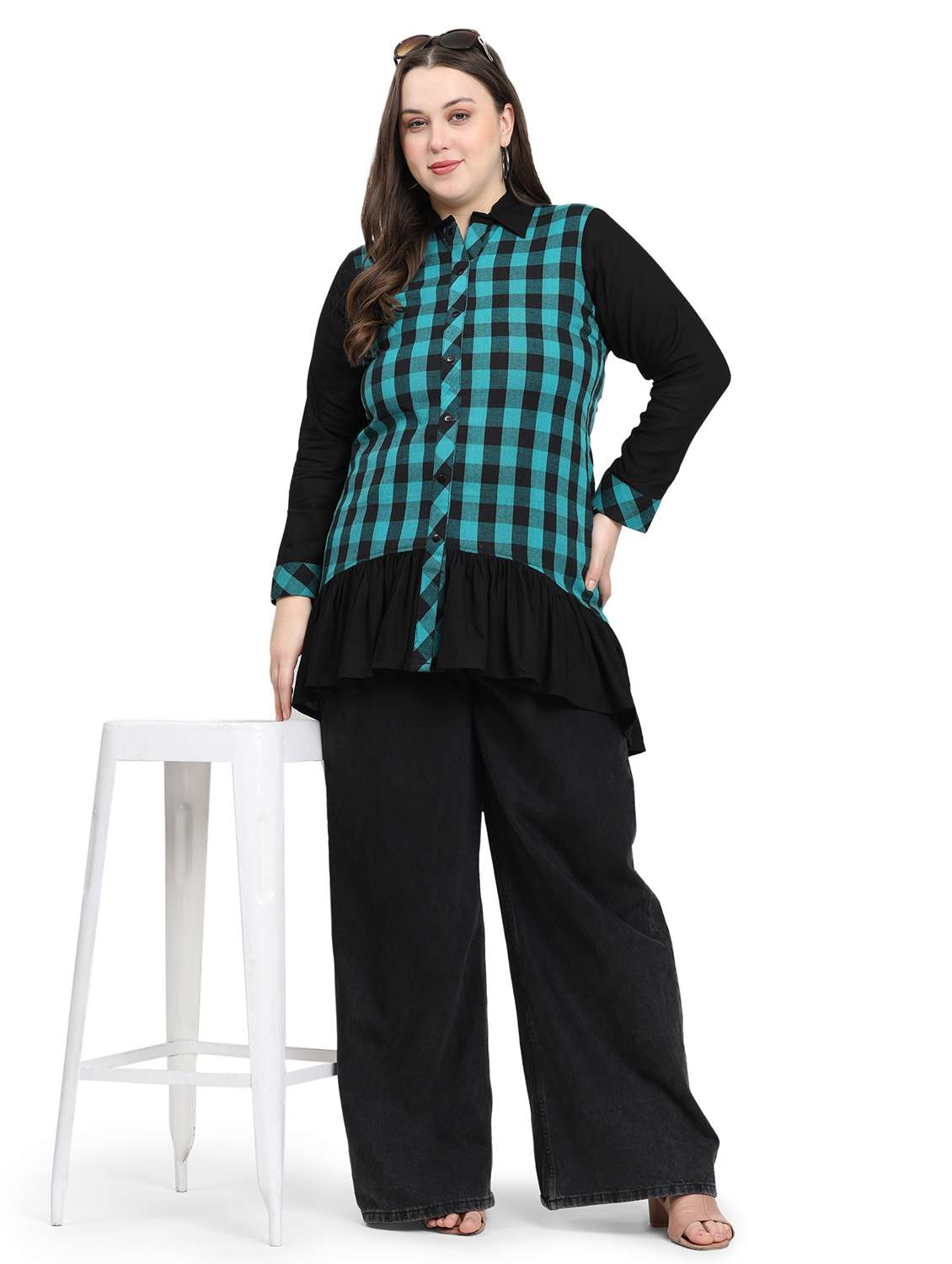 women checkered three quarter sleeve plus size kurta