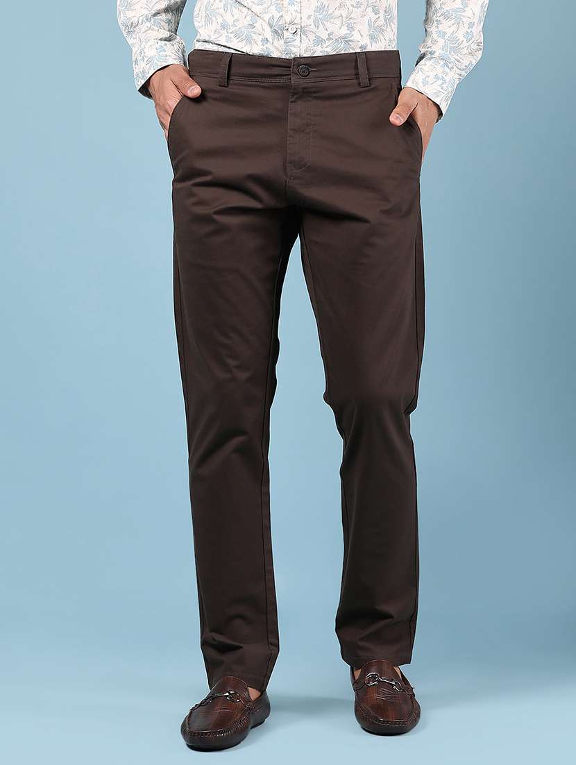 men solid md rise flat front casual chinos 