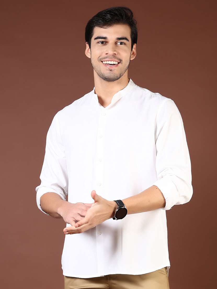 men solid mandarin collared long sleeve casual shirt - 21872671 -  Standard Image - 1