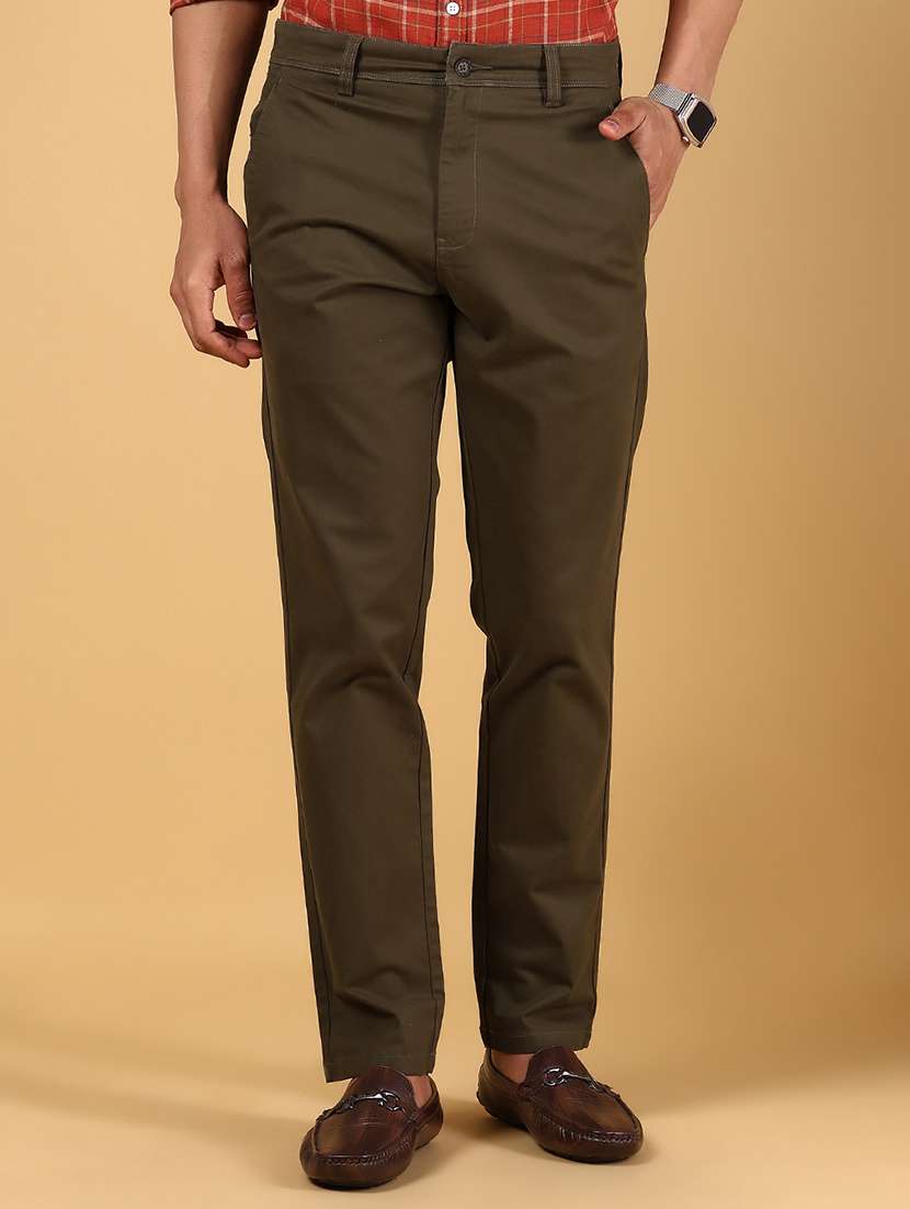 men solid md rise flat front casual chinos 