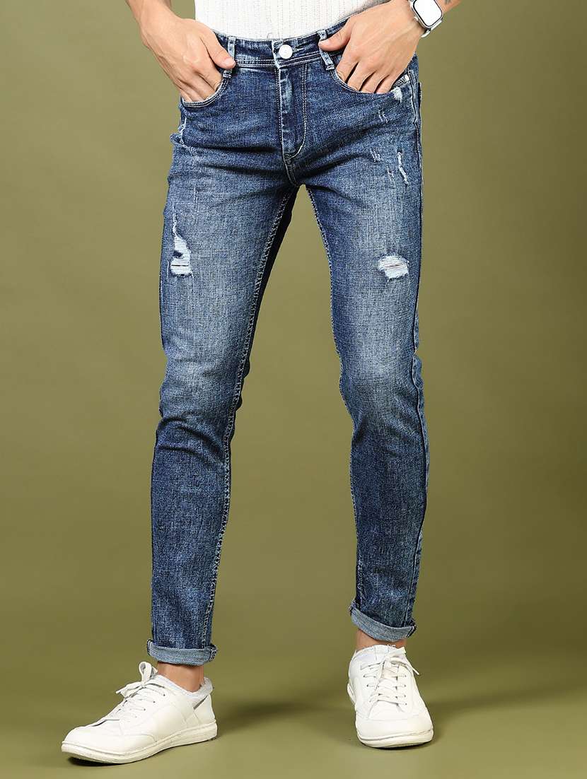 men's blue denim distressed slim fit jeans