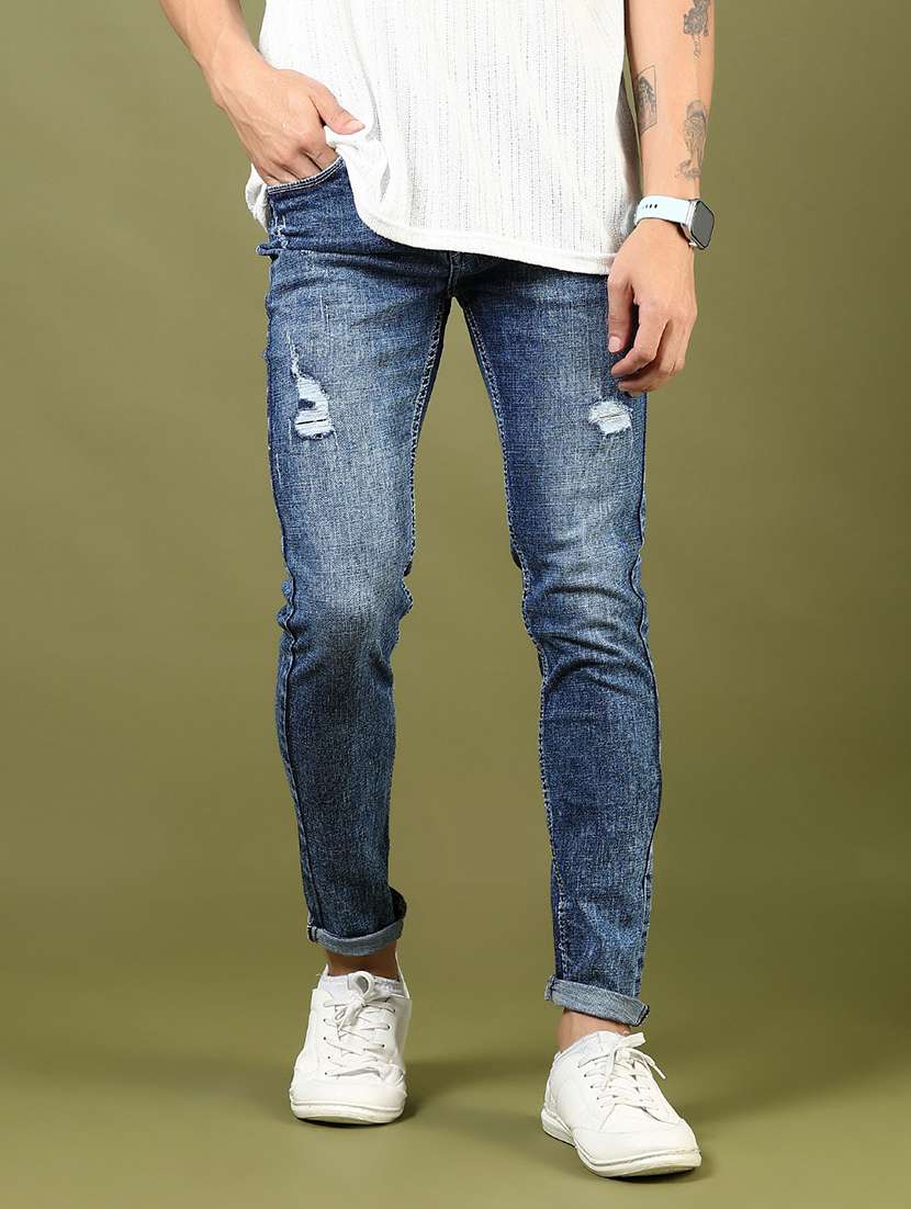 men's blue denim distressed slim fit jeans - 21872681 -  Standard Image - 1