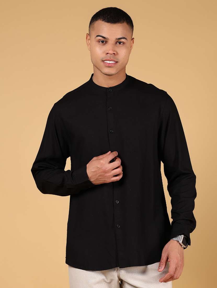 men solid mandarin collar long sleeve casual shirt - 21872697 -  Standard Image - 1