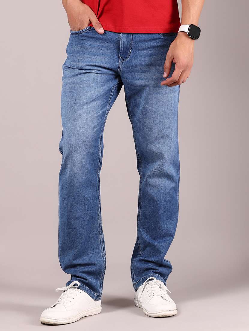 men washed mid rise full length jeans
