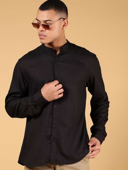 men solid mandarin collar long sleeve casual shirt - 21872777 - Standard Image - 0