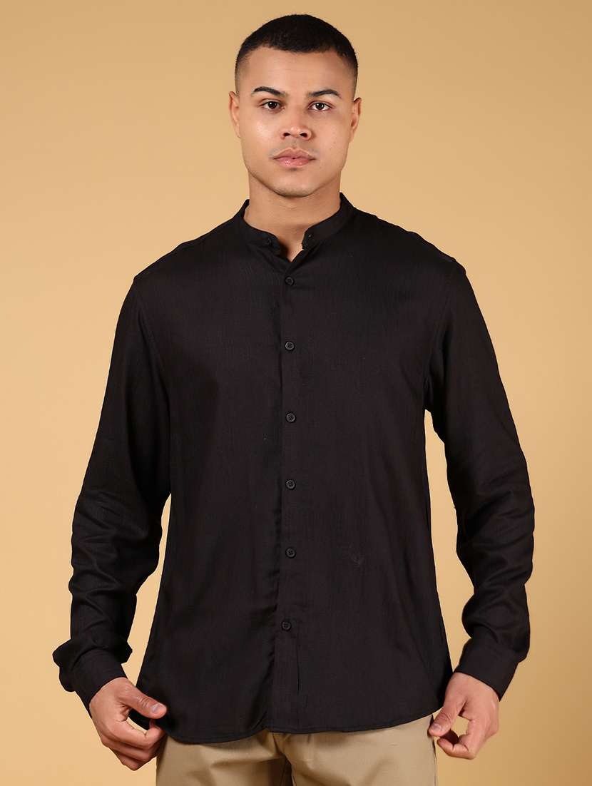 men solid mandarin collar long sleeve casual shirt - 21872777 - Standard Image - 1