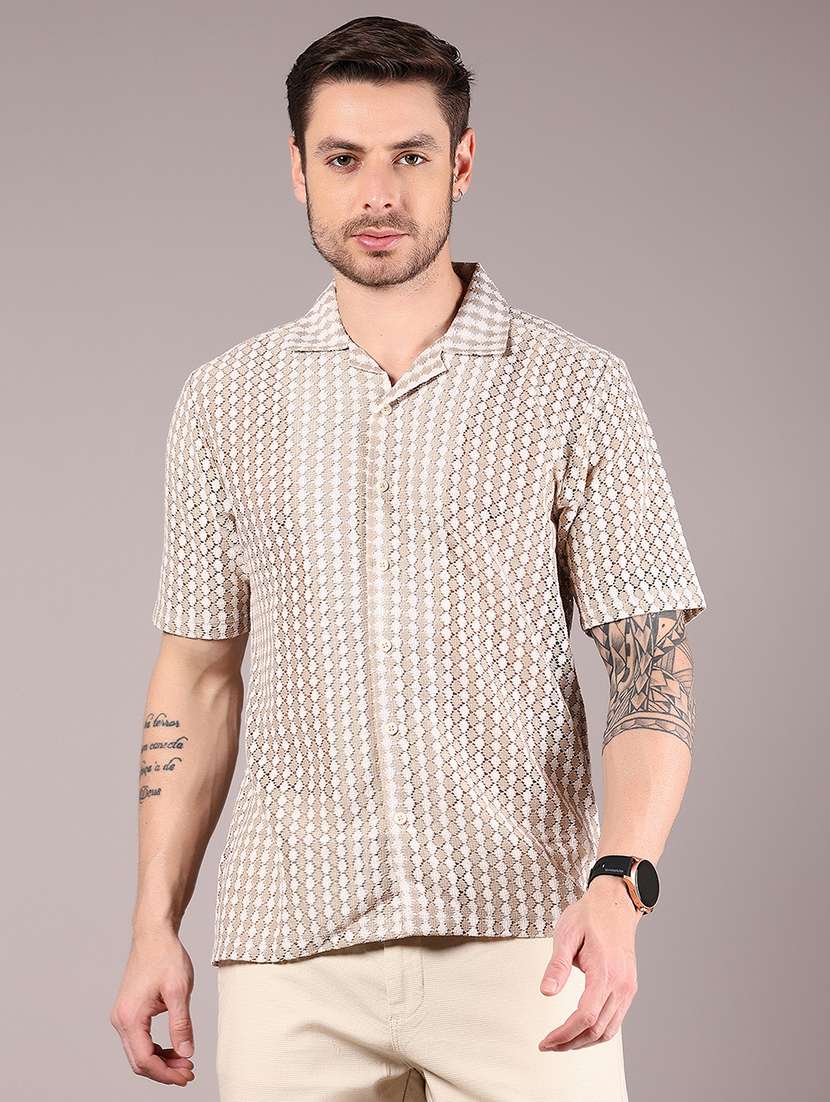 men's beige & white textured cuban collar casual shirt - 21872787 - Standard Image - 1