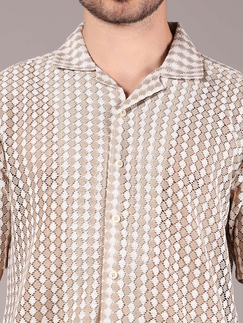 men's beige & white textured cuban collar casual shirt - 21872787 - Standard Image - 4