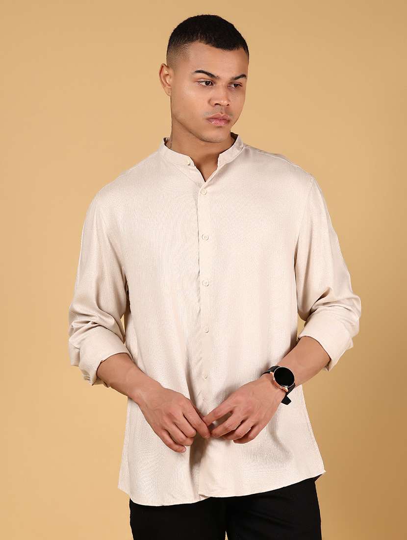 men solid mandarin collar long sleeve casual shirt - 21872806 - Standard Image - 1