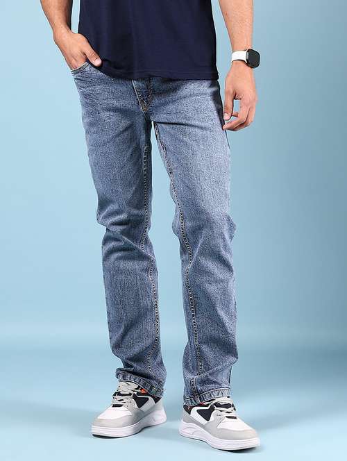 men blue mid rise full length jeans