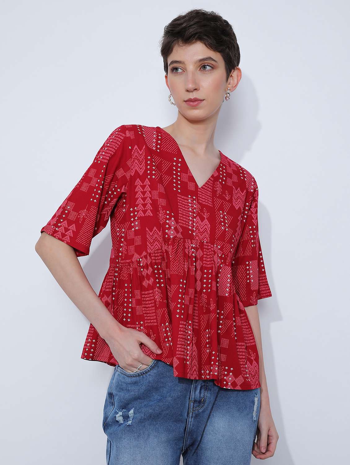women prined short sleeve peplum top
