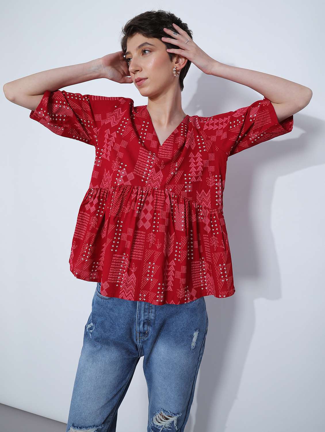 women prined short sleeve peplum top - 21873284 - Standard Image - 1
