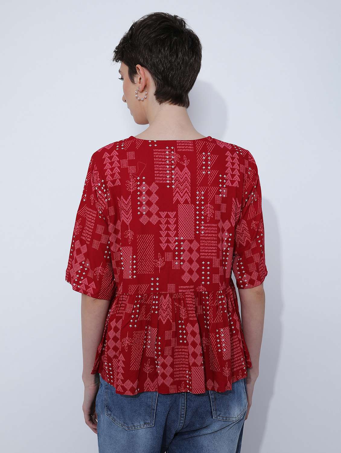 women prined short sleeve peplum top - 21873284 - Standard Image - 4