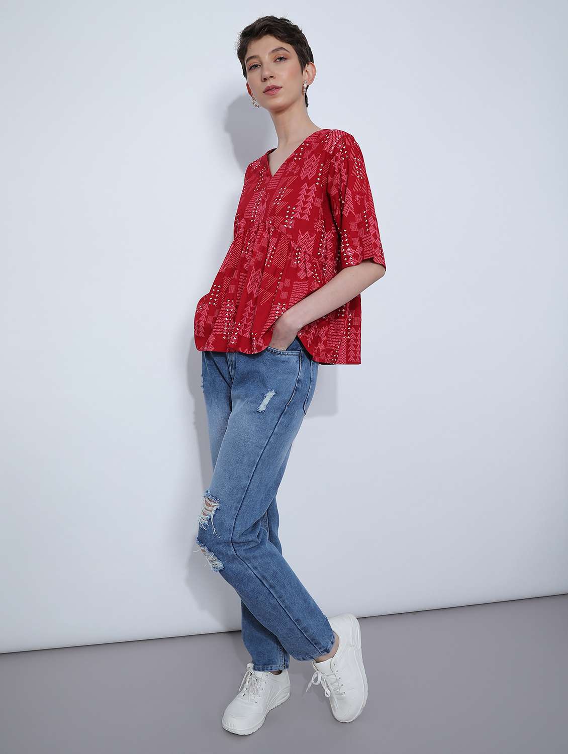 women prined short sleeve peplum top - 21873284 - Standard Image - 6
