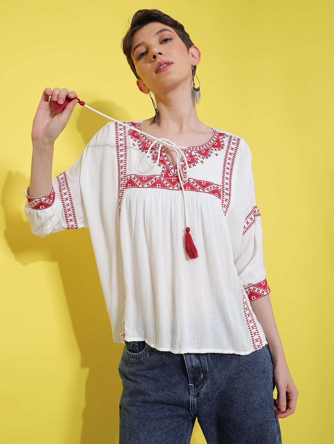 women embroidered three quarter sleeve ethnic top