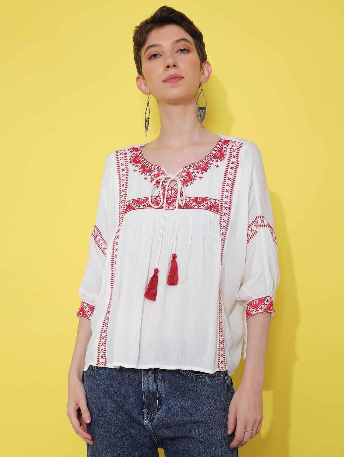 women embroidered three quarter sleeve ethnic top - 21873331 -  Standard Image - 1