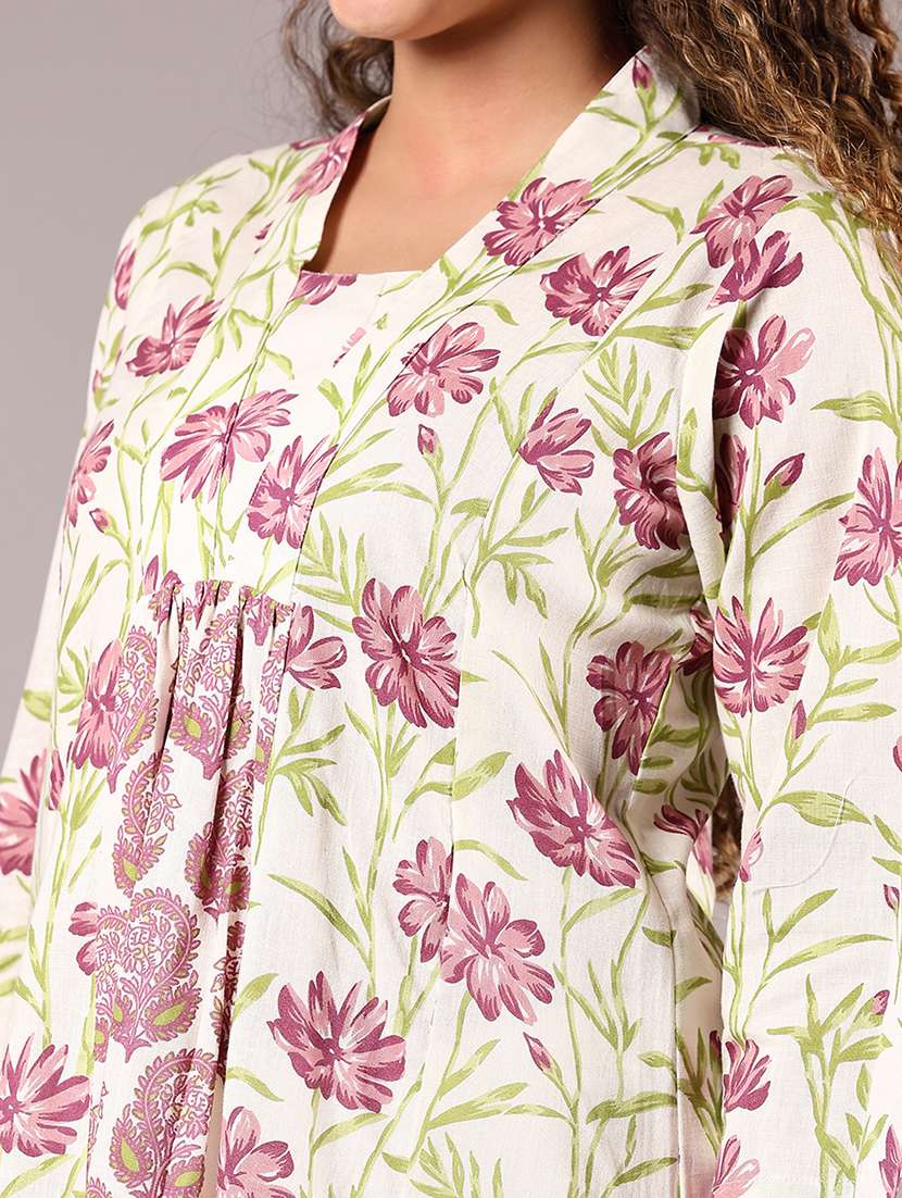 women off white floral print a-line kurta - 21873333 -  Standard Image - 4