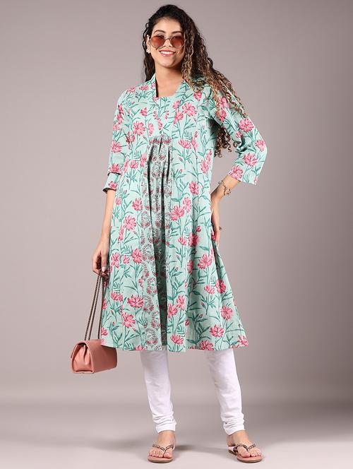 green cotton aline kurta - 21873334 -  Standard Image - 0