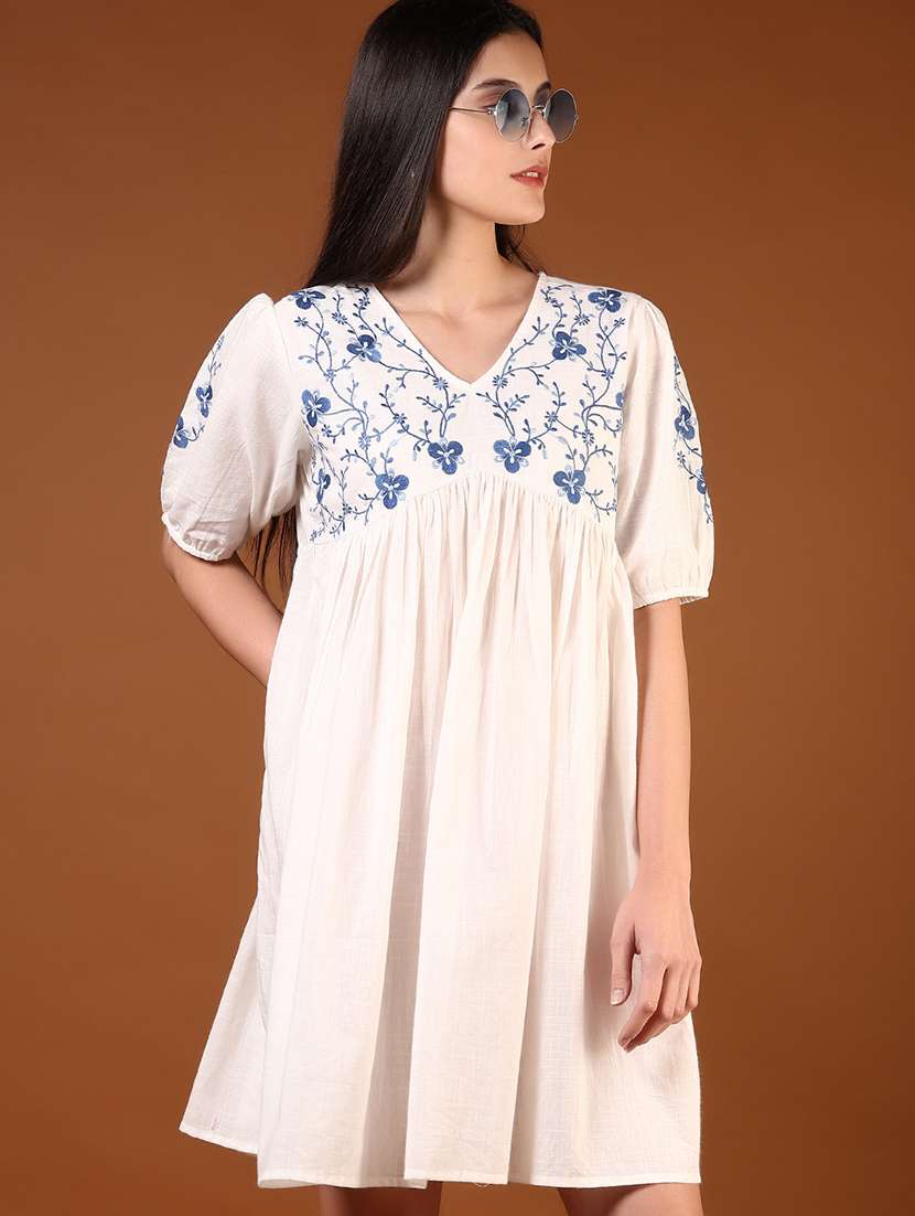 women embroidered puff sleeve a-line dress