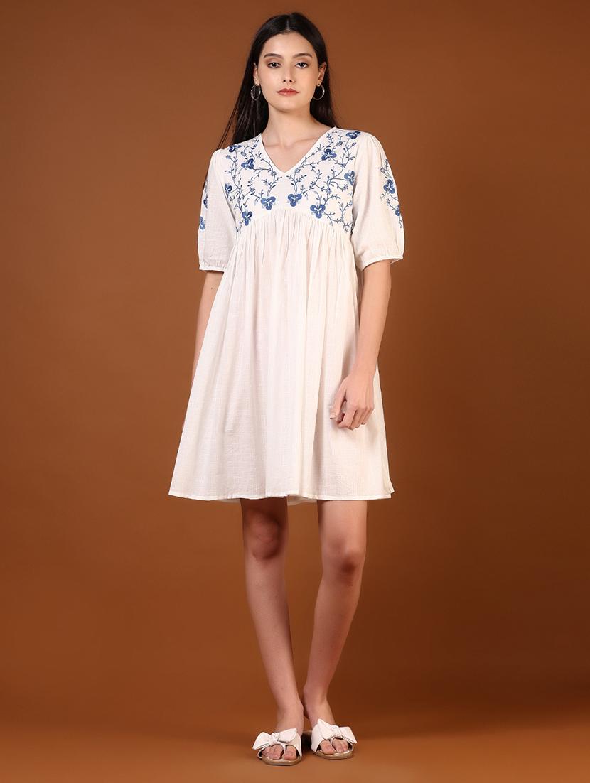 women embroidered puff sleeve a-line dress - 21873340 - Standard Image - 1