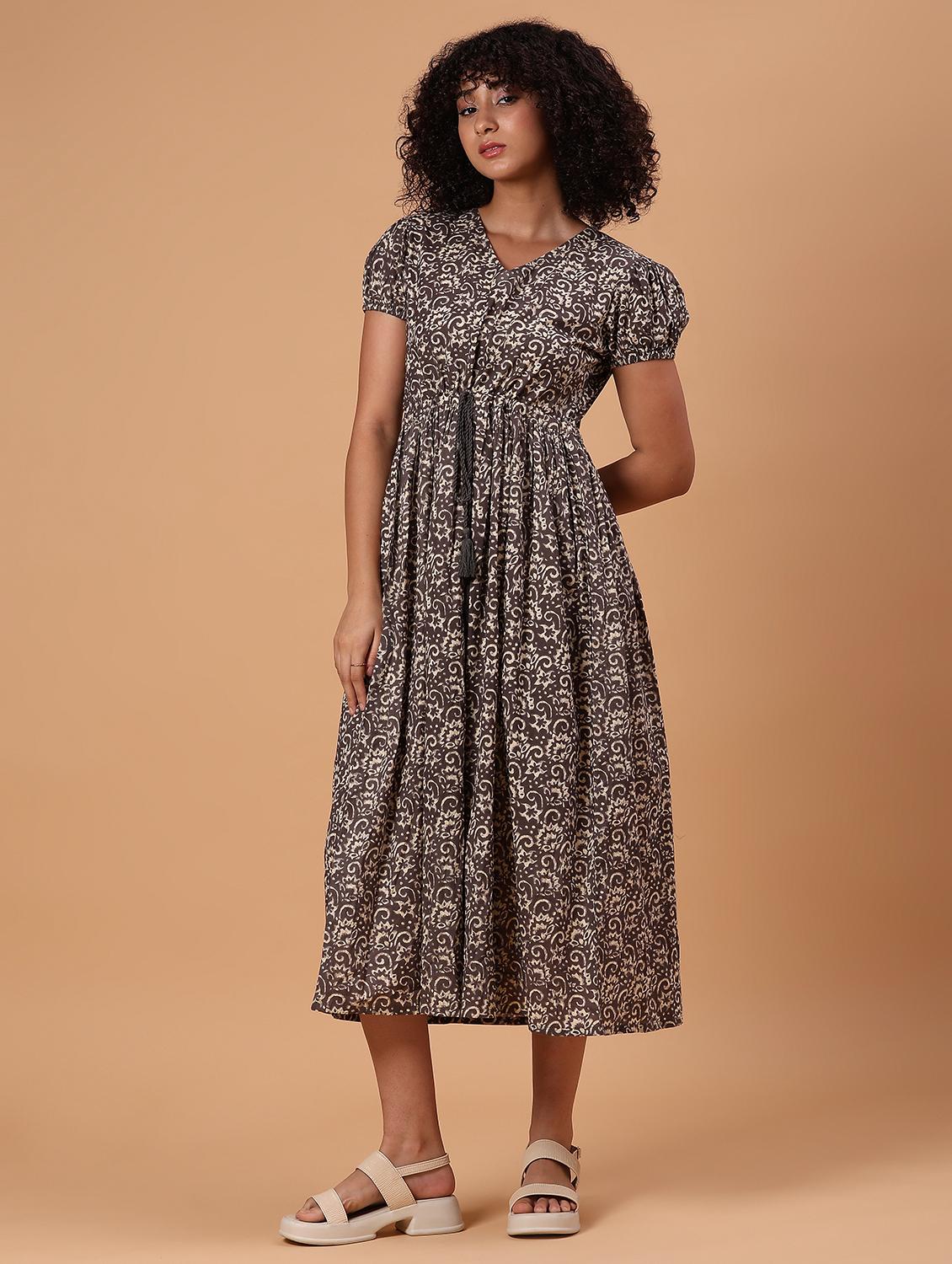 women grey printed short sleeve a-line dress - 21873341 -  Standard Image - 1