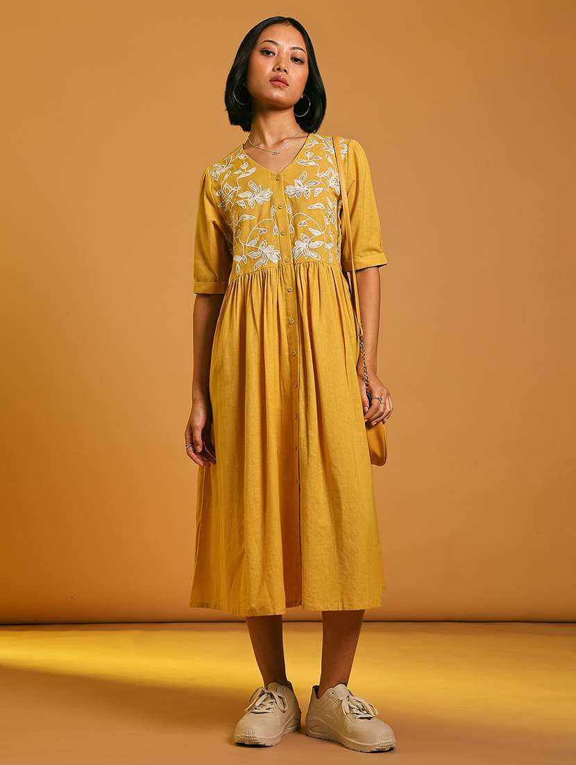 women embroidered elbow sleeve a-line ethnic dress