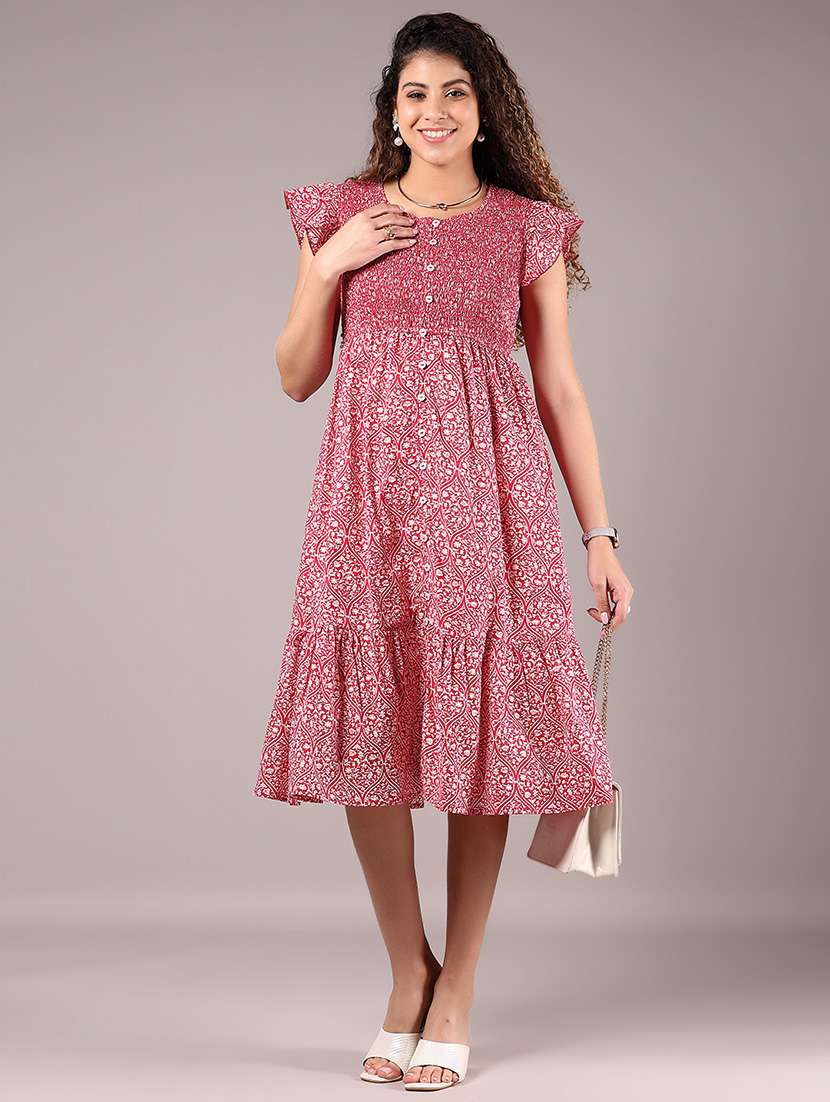 woomen pink printed round neck tiered dress