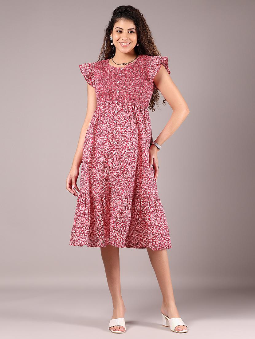 woomen pink printed round neck tiered dress - 21873727 - Standard Image - 1
