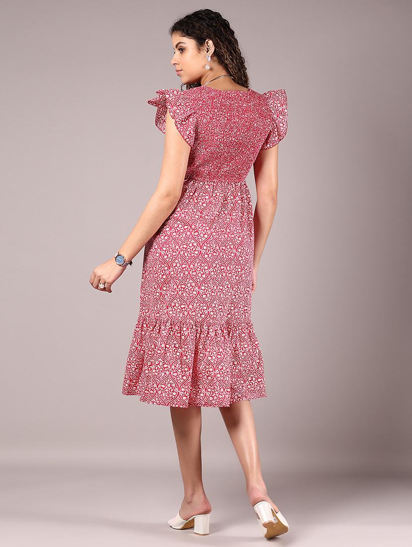 woomen pink printed round neck tiered dress - 21873727 - Standard Image - 4