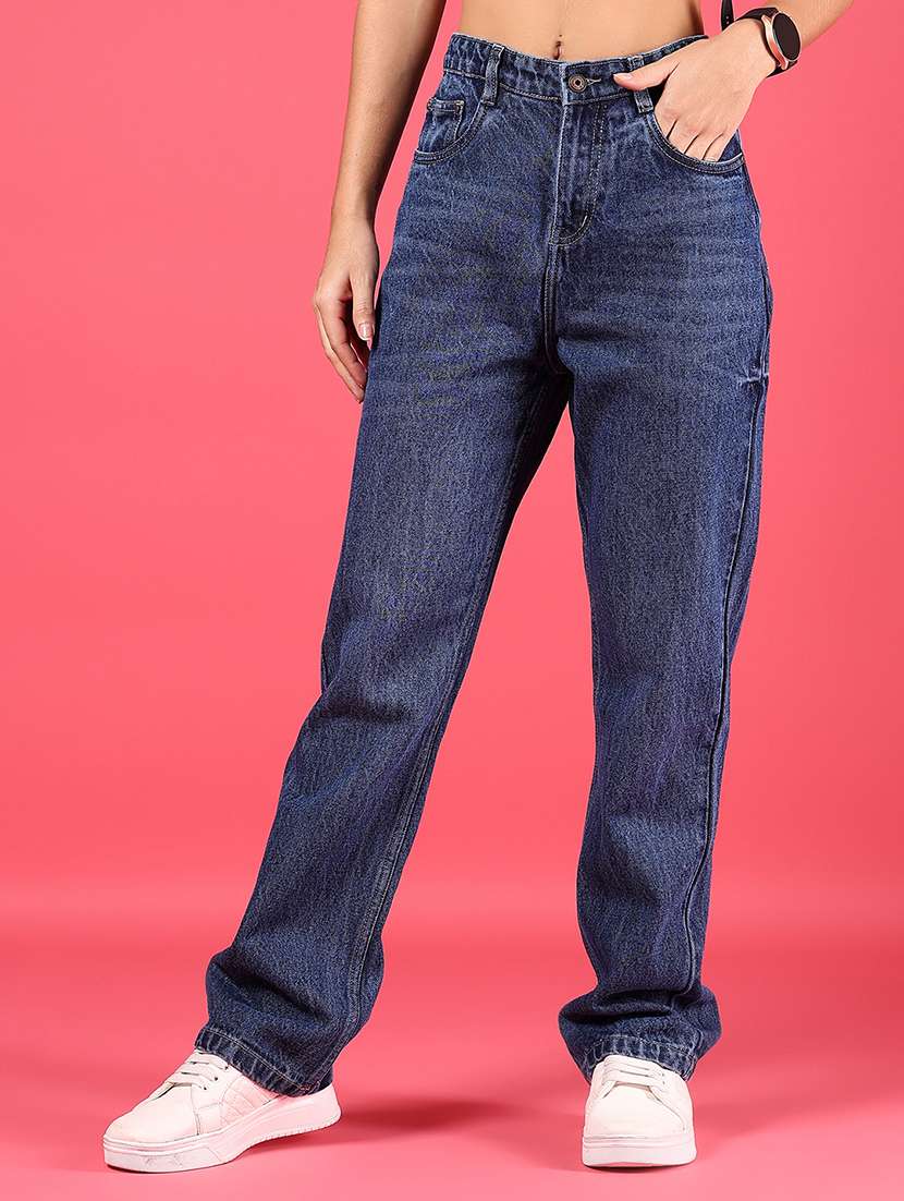 women solid high rise straight jean
