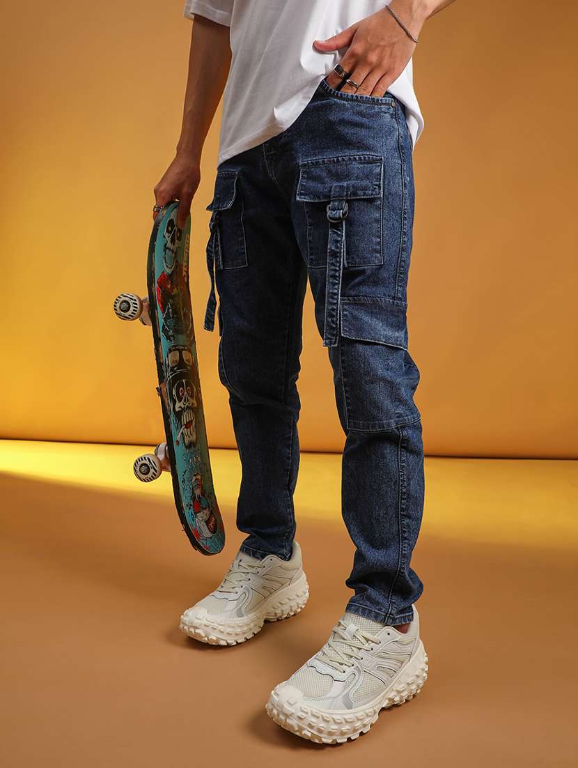 men washed mid rise denim cargo