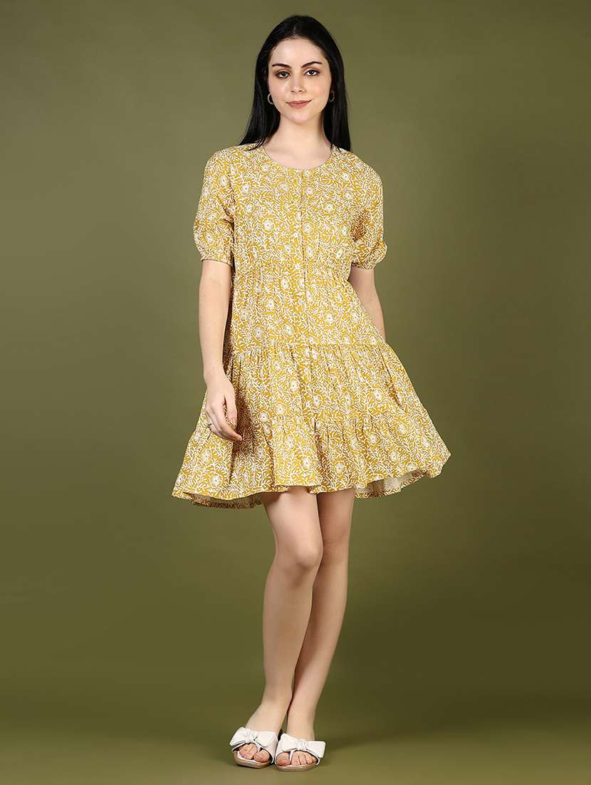 women yellow printed puff sleeve tiered dress - 21873782 - Standard Image - 1