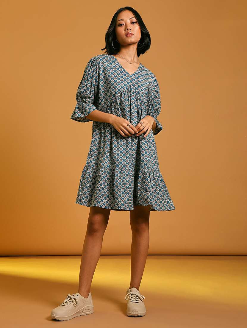 women printed v neck tiered dress - 21873785 - Standard Image - 1