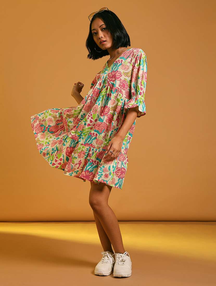 women floral printed v neck tiered dress - 21873786 - Standard Image - 1