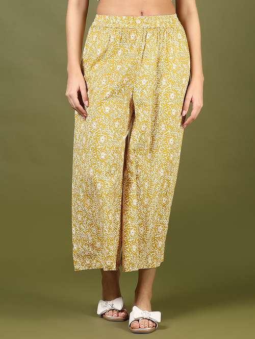 women yellow printed mid rise palazzo