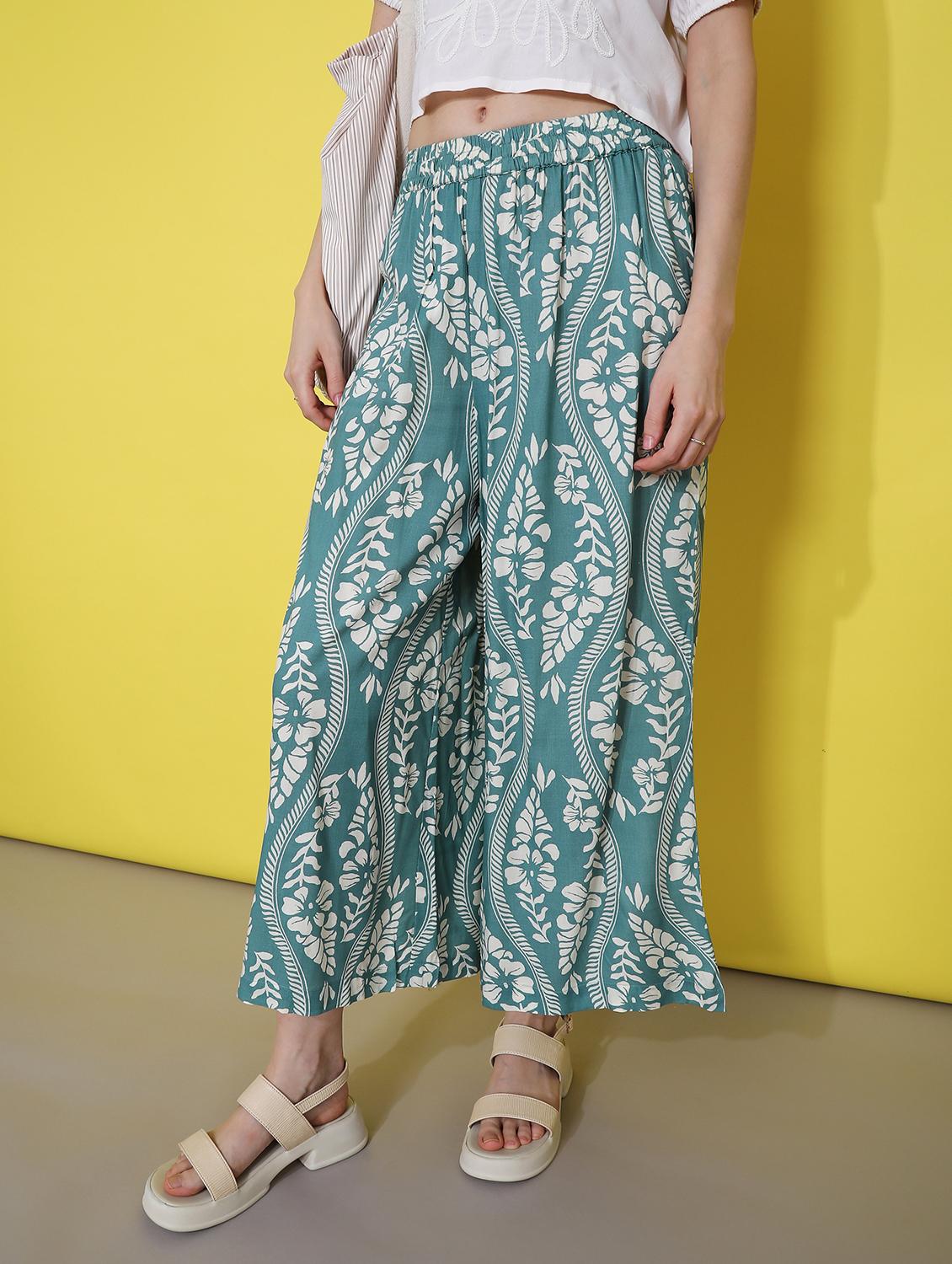 women off white floral printed mid rise palazzo - 21873841 - Standard Image - 1
