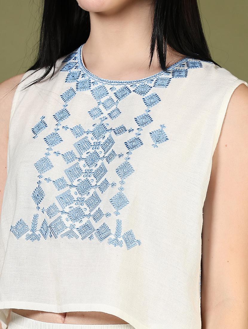 women cream embroidered sleeveless crop top - 21873846 - Standard Image - 4