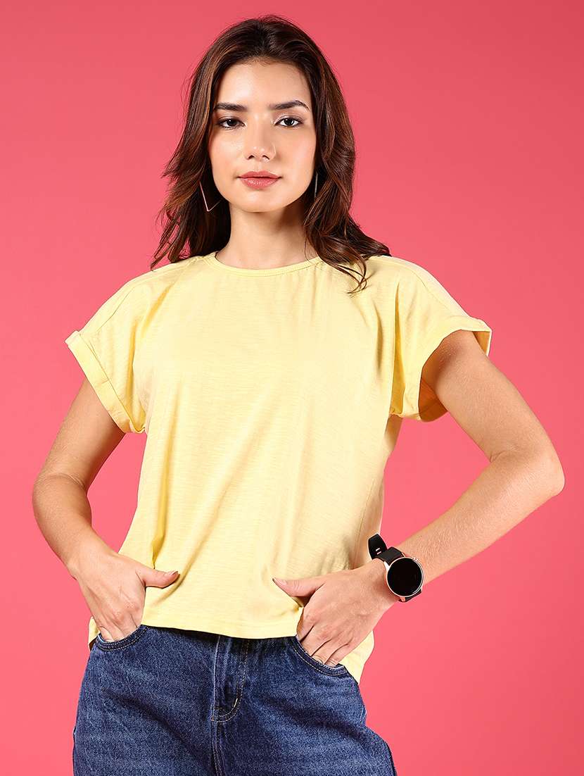 women yellow solid round neck t-shirt - 21873869 -  Standard Image - 1