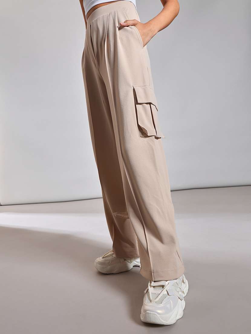 women solid high rise relaxed fit cargo - 21873901 -  Standard Image - 1